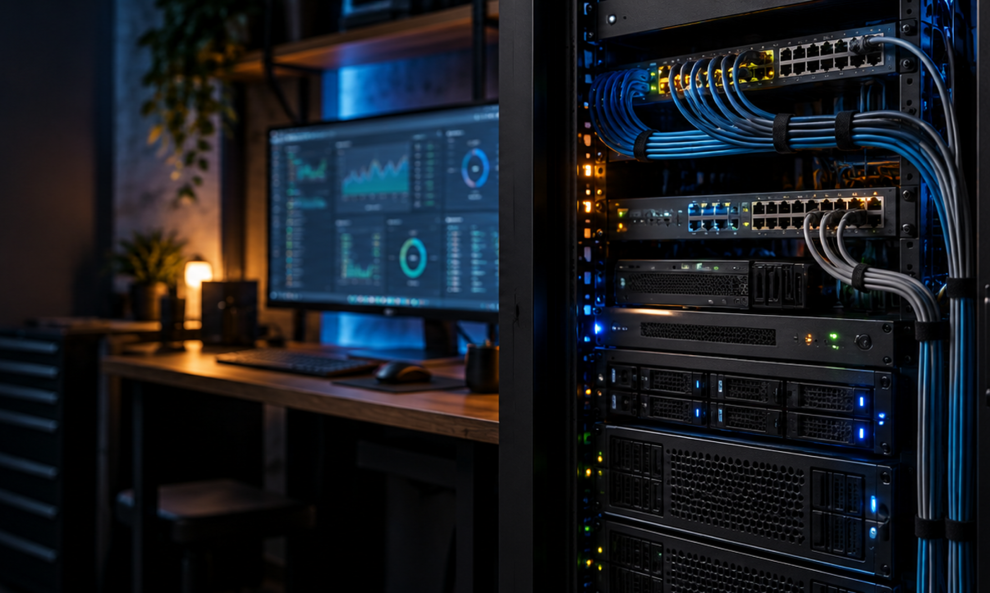 Home lab server rack and network equipment in a technology workspace